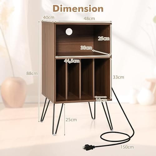 COSTWAY Meuble Tourne-Disque Vinyle avec Prise, Support Tourne-Disque pour Albums avec Station de Charge, 2 Prises, 1 USB,1 Type-C, Pieds en Métal, Table d’Appoint pour Salon Chambre (Noyer) thumbnail 7