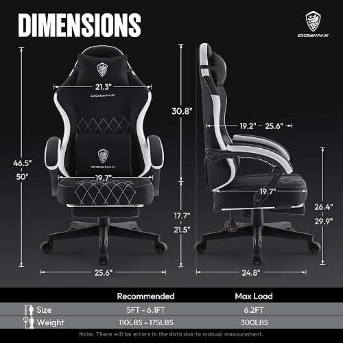 Dowinx Fabric Gaming Chair, Ergonomic Computer Chair with Footrest and Pocket Spring Cushion, Height Adjustable Video Gamer Chair with Lumbar Support for Adults, Black thumbnail 2