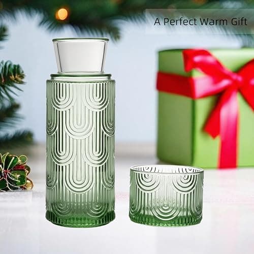 TANMESSO Mouthwash Dispenser, Bedside Water Carafe with Cup And Glass Set, Mouth Wash Dispensers for Bathroom, 21.6 Oz Glass Mouthwash Container with 6 Oz Drinking Cup As Lid (Green) thumbnail 2