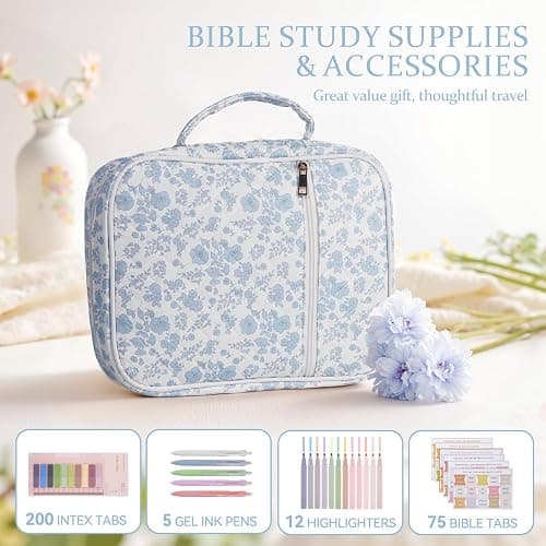 Bible Cover Case for Women, Large Quilted Bible Carrying Case with Handles, Bible Study Supplies & Accessories Christian Gifts for Women(Blue Flower) thumbnail 4