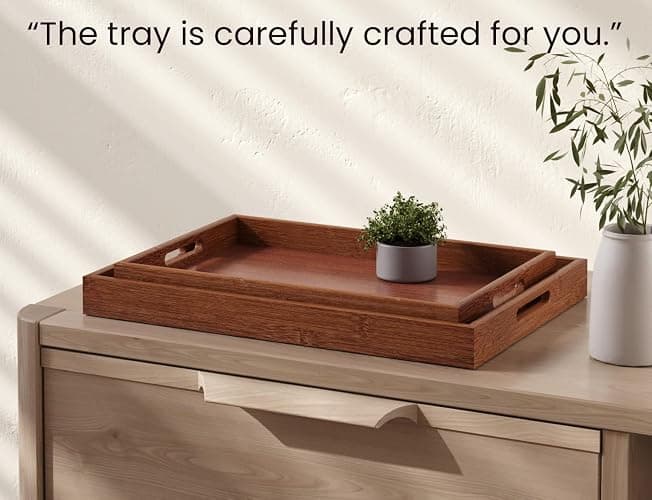 Fibogollo Bamboo Set of 2 Serving Tray with Handles,Decorative Trays Platter,Breakfast Tray in Bed,Food Drinks Tray for Eating,Working,Storing(Brown) thumbnail 6