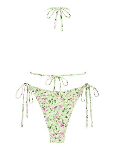 ZAFUL Bikini Sets for Women Halter Bow Decor Tiny Floral Gingham Print Swimsuit Tie Side 2 Pieces Bathing Suit thumbnail 3