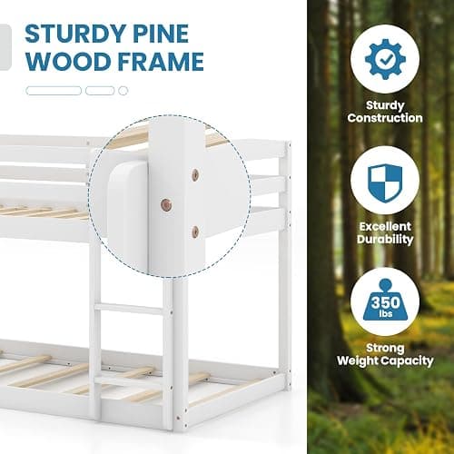 KOMFOTT Low Bunk Bed Twin Over Twin, Solid Wood Bunk Bed Frame with Built-in Ladder & Safety Guardrails, Space-Saving Low Bunk Bed for Kids, Teens, No Box Spring Needed thumbnail 7
