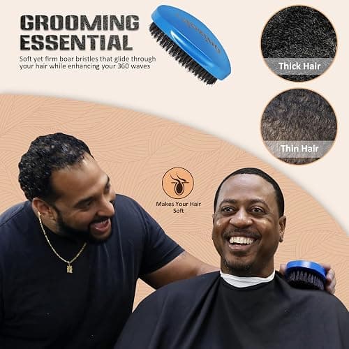 Medium Palm Wave Brush with Pure Black Boar Bristles - For Men's 360 Waves on Thin and Normal Hair (Blue) thumbnail 5