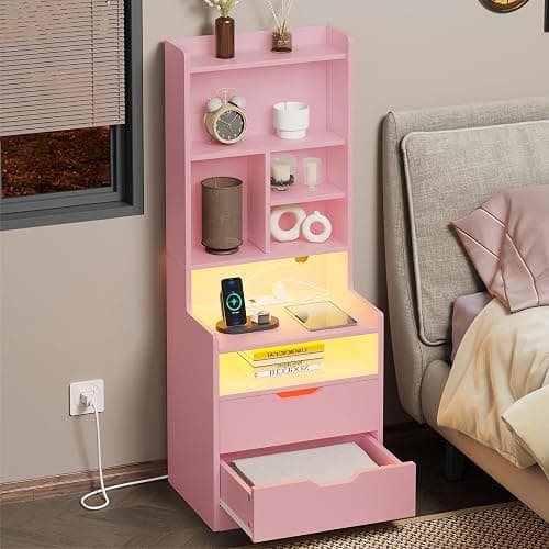 ADORNEVE Tall Nightstand Set of 2 with LED Lights,Pink | Tall Night Stand with Charging Station and Bookshelf,Bedside Table with Drawers,Side Tables Bedroom thumbnail 6