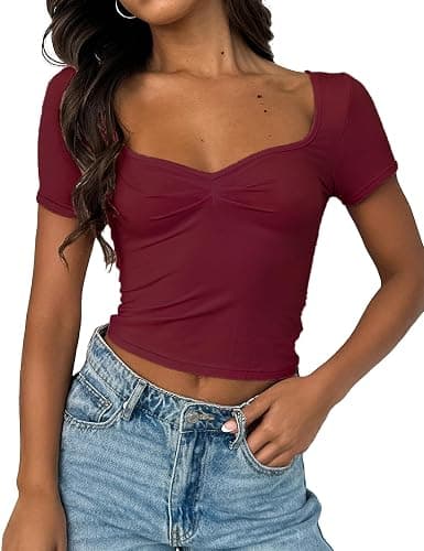 TiulZial Women's Short Sleeve Going Out Crop Top Sexy Pleated Cute Shirt Sweetheart Neck Y2K Ruched Cropped Tops - Image 1