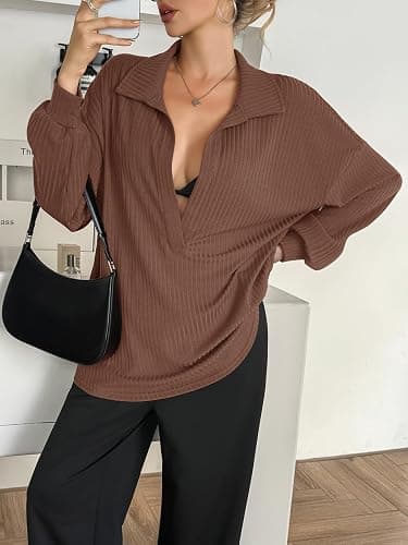 Fisoew Womens Oversized Deep V Neck Sweatshirts Casual Collared Long Sleeve Ribbed Knit Pullover Tops thumbnail 5