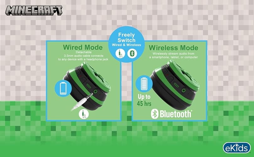 eKids Minecraft Kids Bluetooth Headphones, Wireless Headphones with Microphone Includes Aux Cord, Volume Reduced Kids Foldable Earphones for School, Home, or Travel thumbnail 4