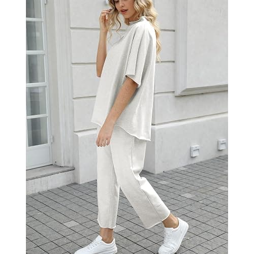 SeeLuNa Women's Two Piece Outfits 3/4 Batwing Sleeve Capelet Crew Neck Pullover Top Wide Leg Pants Lounge Set thumbnail 3