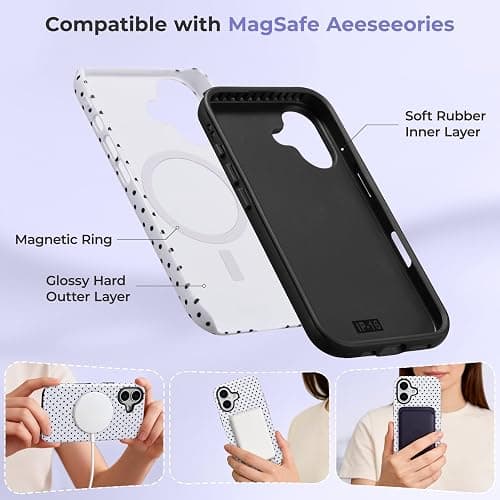 ZTOFERA Magnetic Case for iPhone 16, Polka Dot Phone Case Cute for Girl Women, Compatible with Magsafe, Hard PC+Soft TPU Protective Phone Cover for iPhone 16-White thumbnail 3