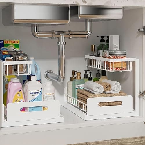 REALINN Under Sink Organizer, Pull Out Cabinet Organizer, 2 Tier Metal Slide Out Shelf with L Shaped Design for Kitchen, Bathroom, Laundry, and Utility Cabinet Storage for Deep Cabinets, White, 2 Pack - Image 1