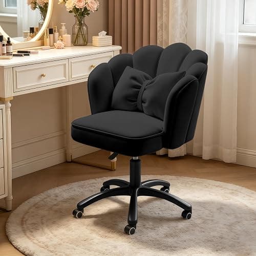 XUEGW Petal Desk Chair with Bow Cushion Velvet Vanity Chair with Wheels, Upholstered Home Office Chair for Girls Women, Mid-Back Swivel Computer Task Chairs for Living Room Bedroom - Image 1