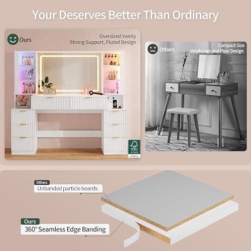HAUOMS Big Vanity, Fluted Wood Makeup Vanity Desk with Mirror and Sound Sync LED Lights, Large Vanity Dressing Table, 8 Drawers, Charging Station for Girls, Women (White, 59.1" Width) thumbnail 7