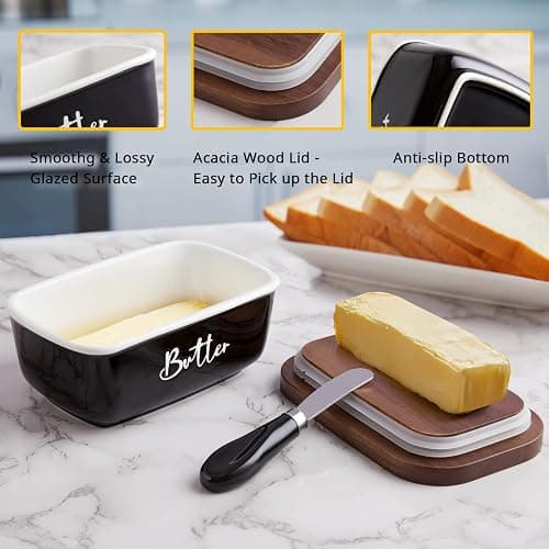 ALELION Black Butter Dish with Lid and Knife for Countertop - Airtight Ceramic Butter Keeper Container with Thick Acacia Wood Lid for Counter or Fridge - for Farmhouse Kitchen Decor and Accessories thumbnail 5