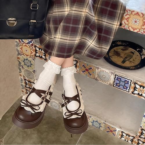 Frauen Lolita Schuhe Absatz Mary Jane Spitze Pumps mit Schleife Kawaii Nette Cosplay Keil Stiefel Cross Strap Block Heel Süße Art thumbnail 6