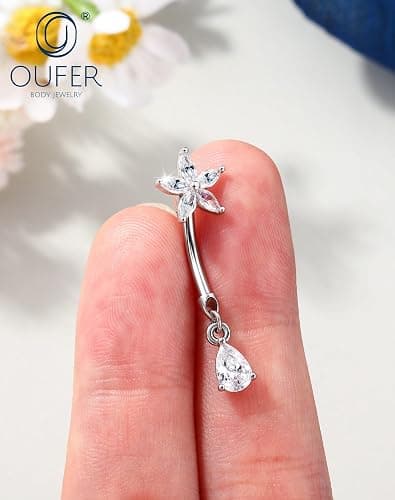 OUFER Body Piercing Belly Button Bars 316L Stainless Steel Belly Bar Rings 14G Internally CZ Dangly Navel Piercing Jewellery Butterfly Teardrop Navel Bars Women thumbnail 6