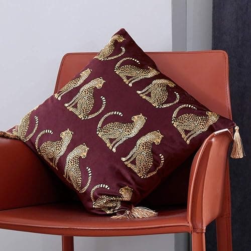 XSlive Lumbar Decorative Throw Pillow Cover with Tassels Leopard Pattern Cushion Cover Luxury Style Soft Velvet Pillowcase for Sofa Couch Bedroom (18"x18",Wine Red) thumbnail 3