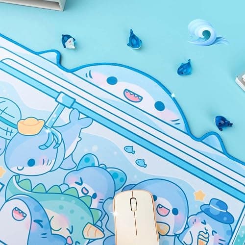 BelugaDesign Shark Desk Pad | Cute Pastel Large Mouse Pad | Cutecore Ocean Switch Anime Keyboard Gaming Mousepad | Machine Washable Nonslip Desk Blotter Protector for Kids Teens and Women (Blue White) thumbnail 3