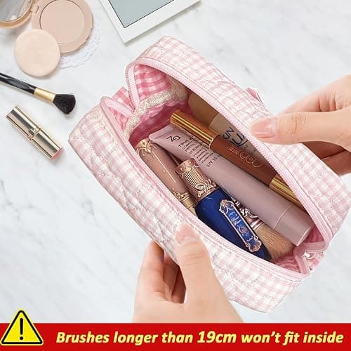 Modacarry Small Quilted Makeup Bag Touch-up Pouch Coquette Cosmetic Bag for Women Girls (PINK CHECKERED) thumbnail 3