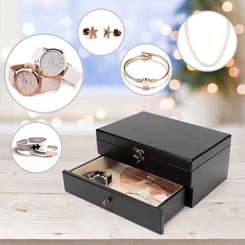 Pinzoveco Jewelry Box for Women, Rustic Wooden Jewelry Organizer Box for Storage Earrings Rings Necklace Bracelet, Farmhouse Style Wood Jewelry Boxes & Organizers (Black) thumbnail 7