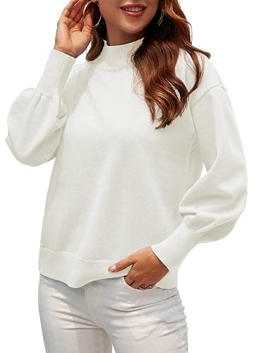 WEACZZY Women's 2025 Fall Fashion Casual Sweaters Mock Neck Long Lantern Sleeve Lightweight Knit Pullover Sweater Tops thumbnail 3