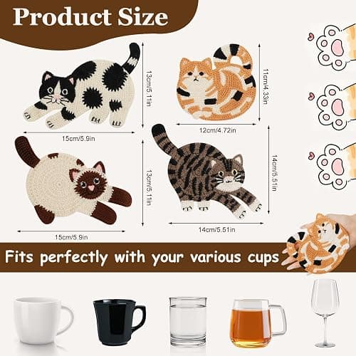OT-NVWOZR Cute Cat Coasters for Desk, Funny Woven Coaster for Decoration, Creative Gifts for Cat Lovers, Crochet Insulation Knitted Coasters for Coffee Tea Table Desktop Protection (4, Style B) thumbnail 2