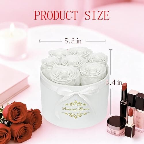 7 Forever Flowers in a Luxury Suede Box, Preserved Roses Birthday Gifts for Women, Romantic Anniversary Wedding Gifts for Women Her Girlfriend Wife, White thumbnail 2
