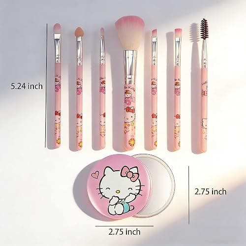 Kawaii Cat 7 PCS Makeup Brushes with A Mirror, Cartoon Cosmetic Makeup Brush Set Professional Tool Kit Set Brush Set Best Gift for Girl Women thumbnail 6