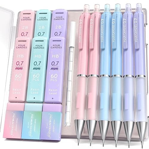 Four Candies Mechanical Pencil Set - 0.7mm (Medium Point), 6PCS Cute Pencils Mechanical with 360PCS (HB & 2B) Lead Refills & 12PCS Erasers & 1PCS Storage Case, Pastel Aesthetic Lead Pencils for School - Image 1