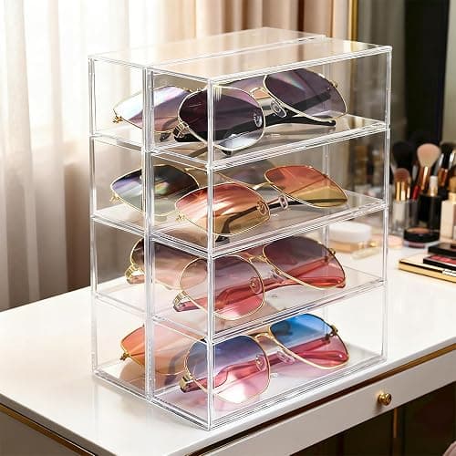 chunhai 2 Pack Sunglasses Organizer, Acrylic Eyeglass Case Clear Eyeglass Holder Eyewear Display Case with 4 Drawers for Women and Men, Jewelry Watch Storage thumbnail 8