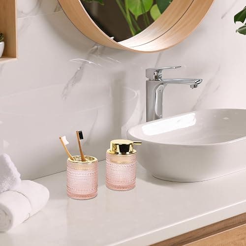 FEILANDUO Bathroom Accessories Set,4Pcs Glass Bathroom Accessories,Vanity Bathroom Decor, Soap Dispenser, Toothbrush Holder Set, Apothecary Jar, Gift for Home Apartment (Pink) thumbnail 5