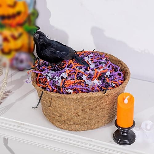 1LB Halloween Crinkle Cut Paper Shred Black Orange Purple Raffia Paper | Halloween Crinkle Cut Paper Shred Filler Grass with Ghost Decoration for Gift Wrapping Basket Filling Party Supply thumbnail 2