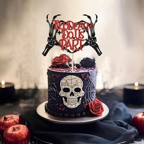 Till Death Do Us Part Cake Topper, Gothic Halloween Wedding Decorations, Bride or Die, Halloween Wedding Engagement Bachelorette Party Decorations, Black and Red Glitter thumbnail 6