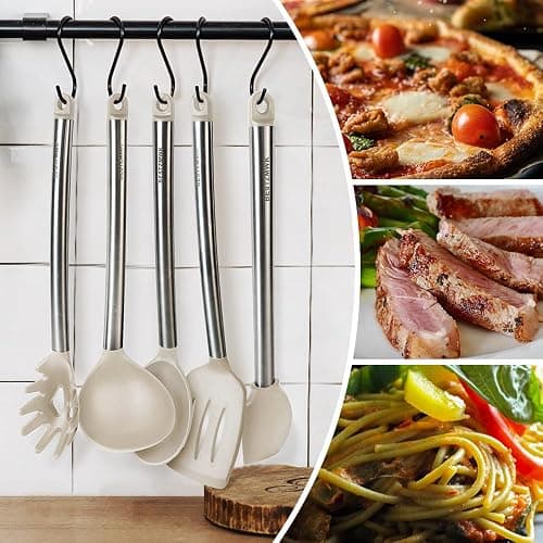 Kitchen Utensil Set-Silicone Cooking Utensils-33 Kitchen Gadgets & Spoons for Nonstick Cookware-Silicone and Stainless Steel Spatula Set-Best Kitchen Tools, Useful Pots (Khaki) thumbnail 4