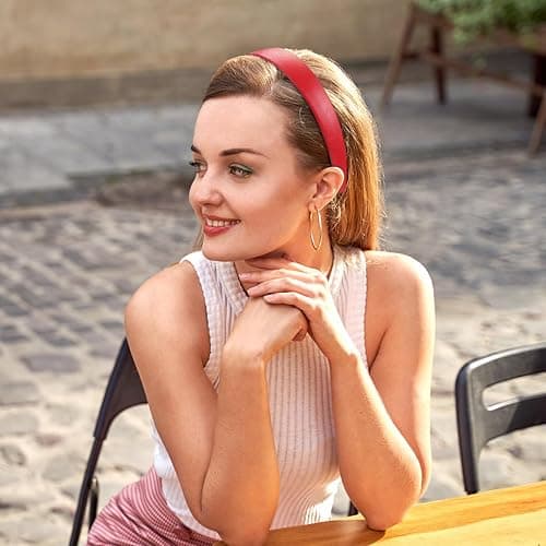 WantGor 1 Inch PU Leather Headband, Wide Padded Hairband Fashion Hair Bands Cute Womens Headbands Holiday DIY Hair Accessories (Red) thumbnail 6