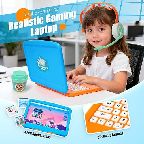 Cleboen Pretend Play Home Office Set for Kids — Toy Laptop Computer, LCD Writing Tablet, Pop Fidget Calculator, Phone, Headset, Glasses, Coffee Cup & Handbag, Birthday Gifts for Boys Girls Age 3-5-7 thumbnail 3