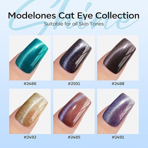 Modelones Cat Eye Gel Nail Polish Set, 6 Colors Christmas Winter Holographic 9D Glassy Cat Eye Glitter Gel Polish Set Black Blue Purple Green Nail Polish Kit with Magnet Soak Off LED Nail Art DIY Gift thumbnail 2