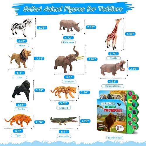 iGRATENS Safari Animals Figures Toys with Sound Books, 10PCS Realistic Jungle Animals Figures & Safari Animals Book with 10 Buttons, Zoo Animal Toys, Learning Toy for 3+ Year Old Boys, Girls, Kids thumbnail 6