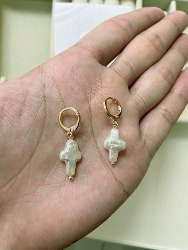 Iutymu Nature Freshwater Pearl Cross Earrings Elegant Christian Pearl Jewelry, Beachy Pearl Jewelry, Cross Pearl Earrings, Baroque Pearl Earrings thumbnail 6