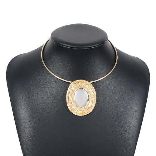 CAVIEA Chunky Statement Necklaces - African Choker Necklace with Gold Oval Pendant,Tribal Collar Necklace Hammered Metal Jewelry for Women thumbnail 7