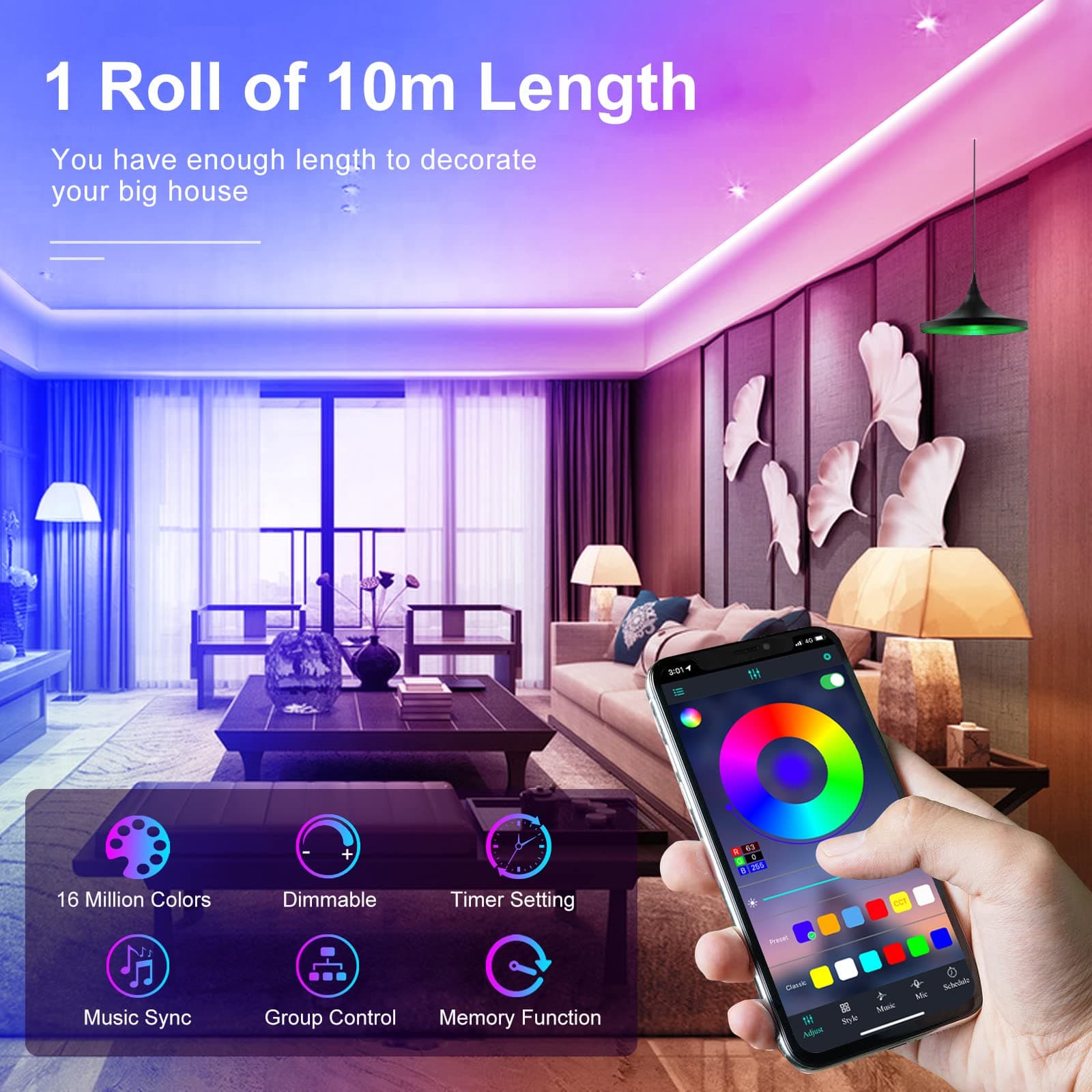 10M LED Strip, USB Bluetooth RGB LED Strip Lighting App Control Flexible Smart Led Strip, RGB Color Change Music Timing Led Strip Light, Ideal for Home Decoration, Mood Lighting thumbnail 3
