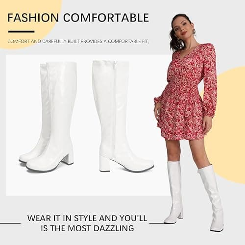 Heiyom Women's Gogo Boots Knee High Chunky Heel Square Toe 60s 70s Disco Costume Tall Boots thumbnail 6