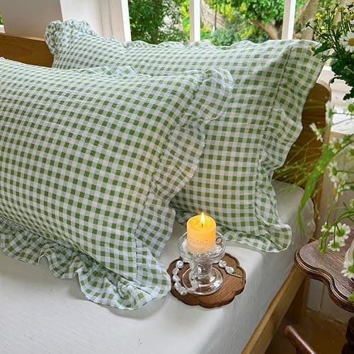 NSNLGSGC Sage Green Gingham Ruffle Queen Sheet Set, Green Soft Pre-Washed Microfiber Plaid Queen Bed Sheets, 4-Pieces Farmhouse Sheet Set with Deep Pocket thumbnail 8