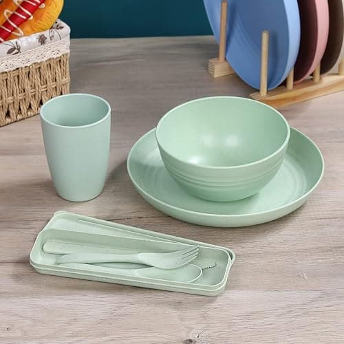 Wheat Straw Dinnerware Sets for 4, Wheat Straw Plates and Bowls Sets Kitchen Dishes 28pcs College Dorm Room Essentials Cutlery Set Microwave Safe (Colorful) - Colourful thumbnail 5