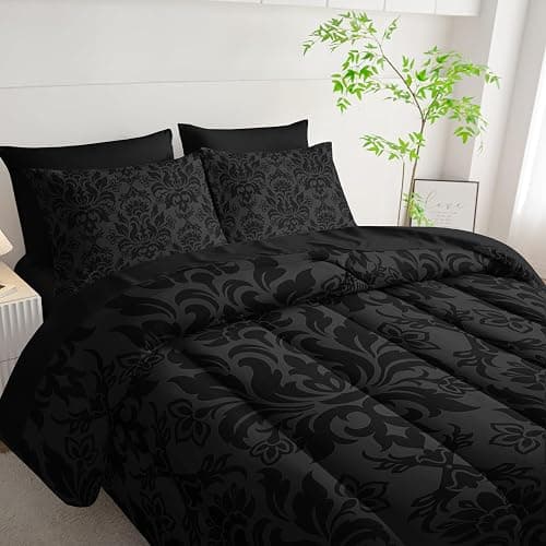 Axolotl Black Grey Comforter Set Full Size,7 Piece Damask Bedding Set Boho Paisley Comforter Set Gothic Vintage Floral Bed Set Elegant Victorian Baroque Comforter with Flat Fitted Sheet 4 Pillowsham thumbnail 4