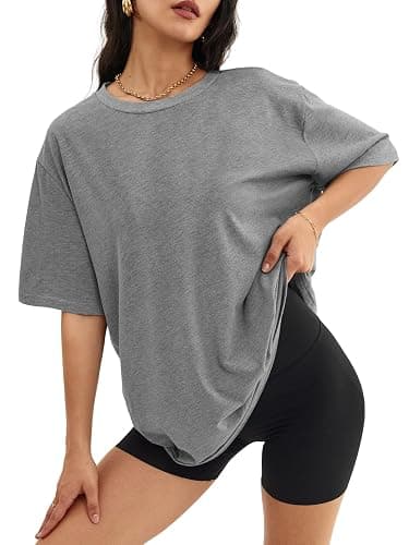 ATHMILE Womens Oversized T Shirts Loose Fit Crewneck Short Sleeve Tops Summer Casual Blouse Y2K 2025 Basic Tee Beach - Small - Grey - Image 1