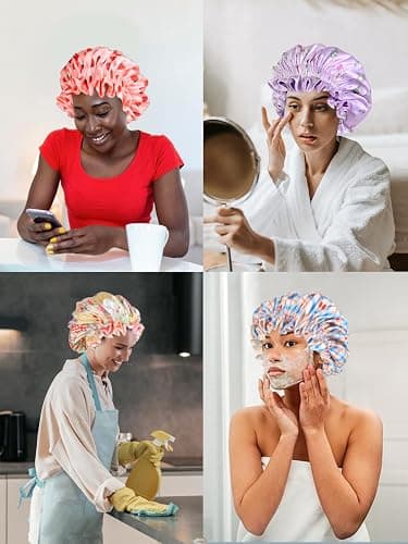 Vettres Floral Satin Bonnet with Scrunchie Set,Double Layer Ruffle Reusable Sleeping Shower Cap for Curly Hair Blue-cherry thumbnail 6
