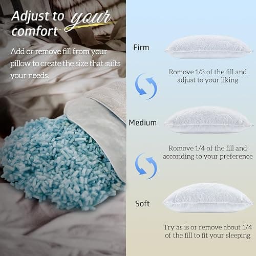 BETU Cooling Pillow Queen Size, Shredded Memory Foam Cool Pillow for Hot Sleepers, Adjustable Firm Soft Support Bed Pillows Perfect for Back Neck Pain and Side Sleeping with Pillow Case Cover, White thumbnail 6