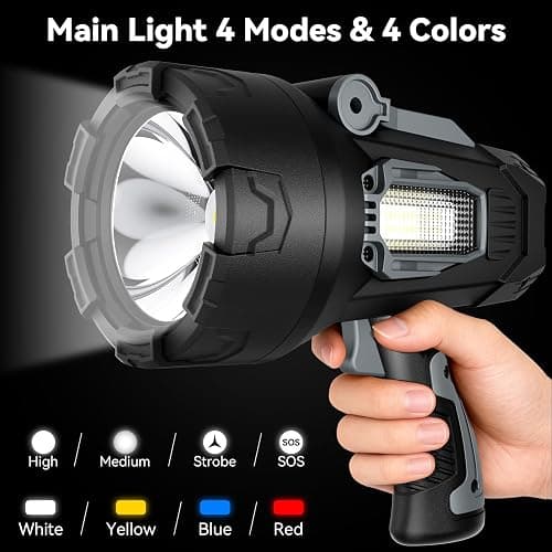 Rechargeable Spotlight 200000 Lumens, Waterproof Super Bright Spotlight Flashlight, LED Spotlights with 3 Color Lenses and Foldable Stand, Long Runtime Large Handheld Spot Light for Outdoor Boating thumbnail 3