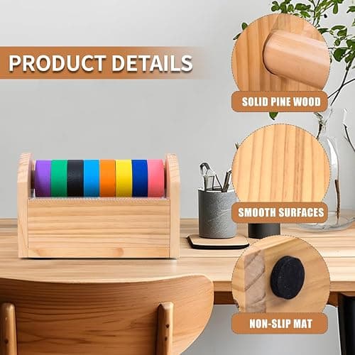 Kids Masking Tape Dispenser, Wooden Multi Roll Craft Tape Dispenser, Washi Tape Holder Organizer, Cutter for Gift Wrapping, Gift for Children Office Home School, Acrylic Serrated Cutter thumbnail 5